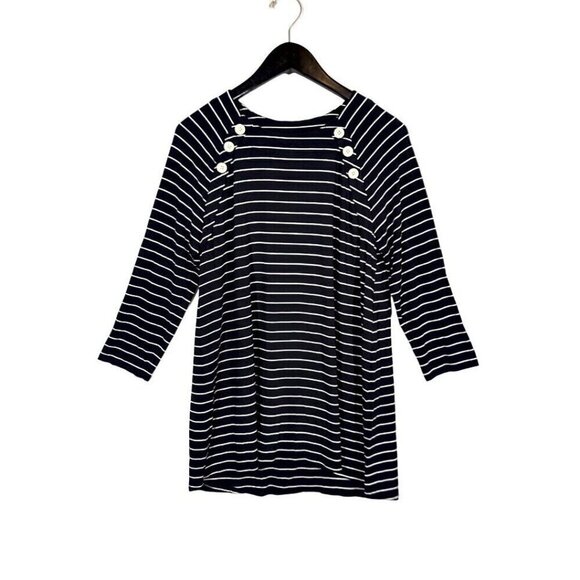 J Jill Wearever Navy Blue White Striped Top Sz M Scoop Neck 3/4 Sleeve Nautical - Picture 1 of 8